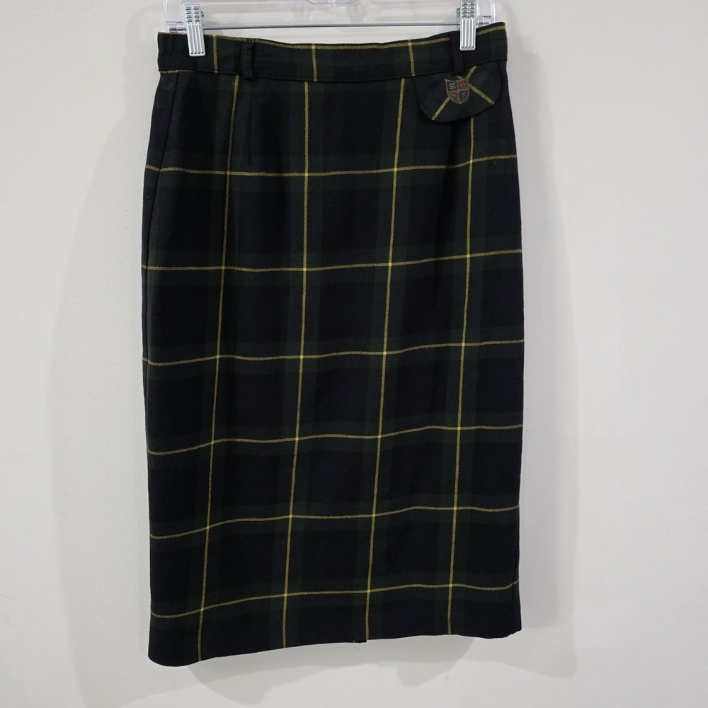 Vintage Womens Wool Tartan Plaid Maxi Skirt Size 10 Scottish Green Dark Academia